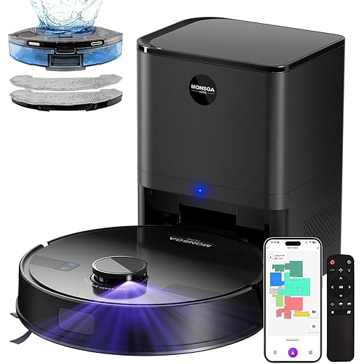 MONSGA Robot Vacuum and Mop Combo, 6000Pa Robotic Vacuum with 3.5L Self Emptying Station, Lidar Navigation Robot Vacuum Cleaner, 180mins Runtime, APP/Remote/Voice Control, for Hard Floors and Carpets
