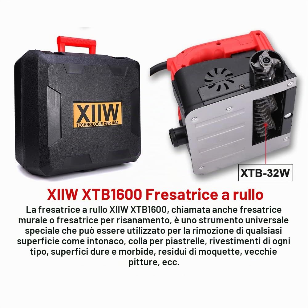 XIIW - Fresa per calcestruzzo, 1600 W, 4000 giri/min, fresatrice a rulli, fresatrice per muri, smerigliatrice per calcestruzzo, fresatrice per pareti per calcestruzzo, gesso, intonaco, malta, vecchie