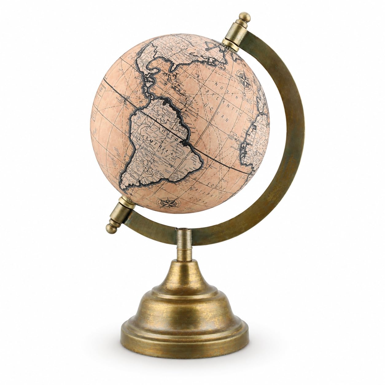 Exerz Antique Brown 13Cm Antique Mini Desk Globe, Light Pink World Map With Metal Base