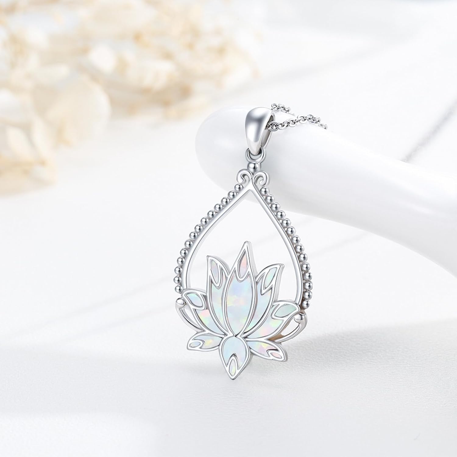 CUOKA MIRACLE Lotus Necklace 925 Sterling Silver Opal Pendant Necklace Lotus Flower Necklace Yoga Necklace Gift for Women Mom - Image 2