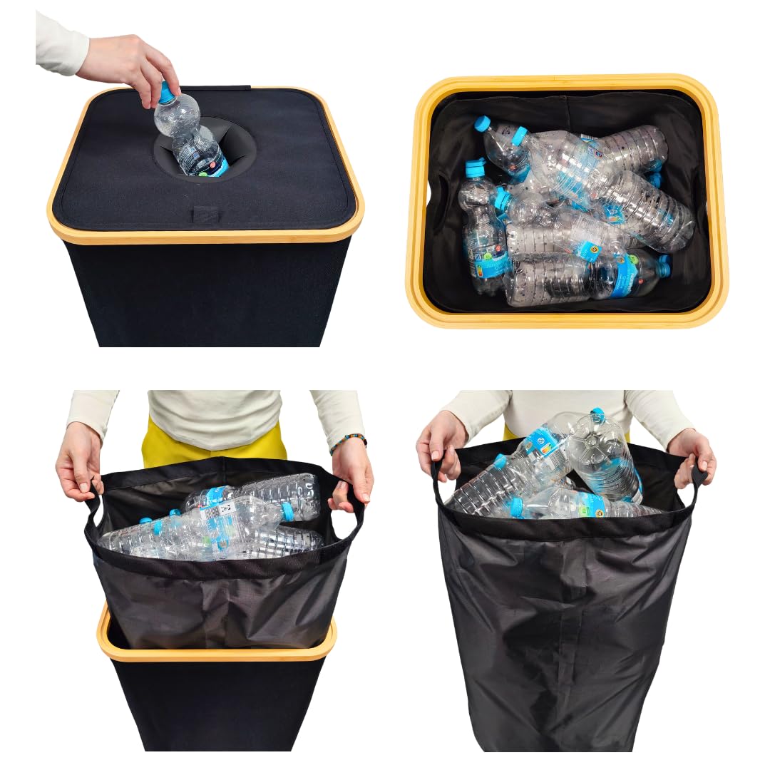 Pfandflaschen Sammelbehälter mit waschbarer Innentasche – Recycling-Behälter für PET-Flaschen und Dosen – Leicht aufzubauen, platzsparend – Perfekt für Mülltrennung in Küche oder Büro, XXL (Schwarz)