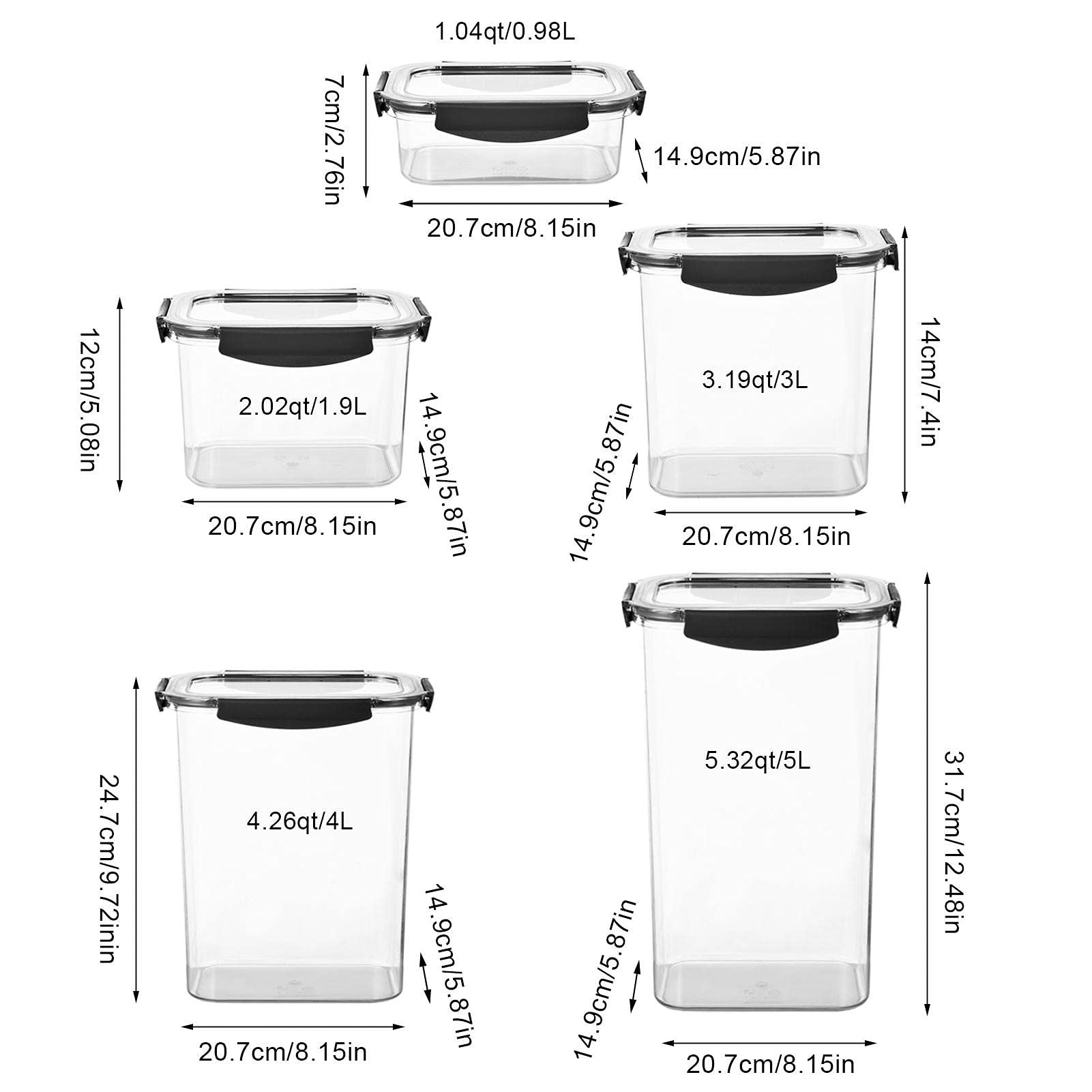 Botes Cocina Almacenaje Plastico, Juego De 5 Botes De | Almacenamiento Cocina con Tapa, Sin BPA Contenedores Herméticos 0,98/1,9/3/4/5 L