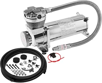 Vixen Air 200 PSI تعليق للخدمة الشاقة / ركوب الهواء / حقيبة / ضاغط هواء / قطار القرن مع 3 / 8 & quot؛ خرطوم مضفر من الفولاذ المقاوم للصدأ ، 3 / 8 & quot; صمام فحص NPT وقاعدة تصفية هواء التثبيت عن بعد 12V Chrome VXC480C