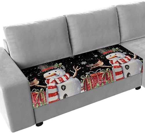Black Christmas Couch Cushion Covers, Stretch Sofa Cover with Elastic Bottom, Xmas Snowman Birds Berry Winter Snowflake Sofa Slipcovers Protector