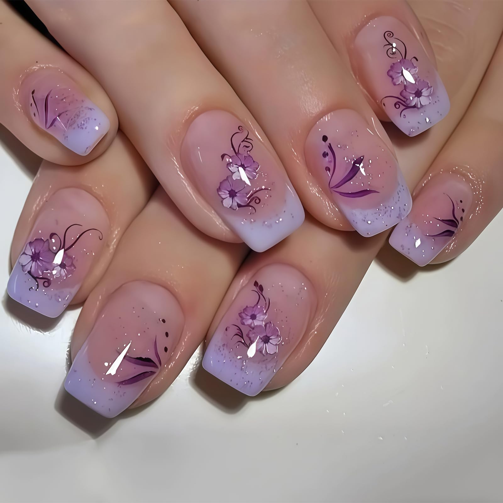 AstraGlam 24PCS Purple French Press on Nails, Short Square Soft Gel False Nails with Floral Design and Glitter