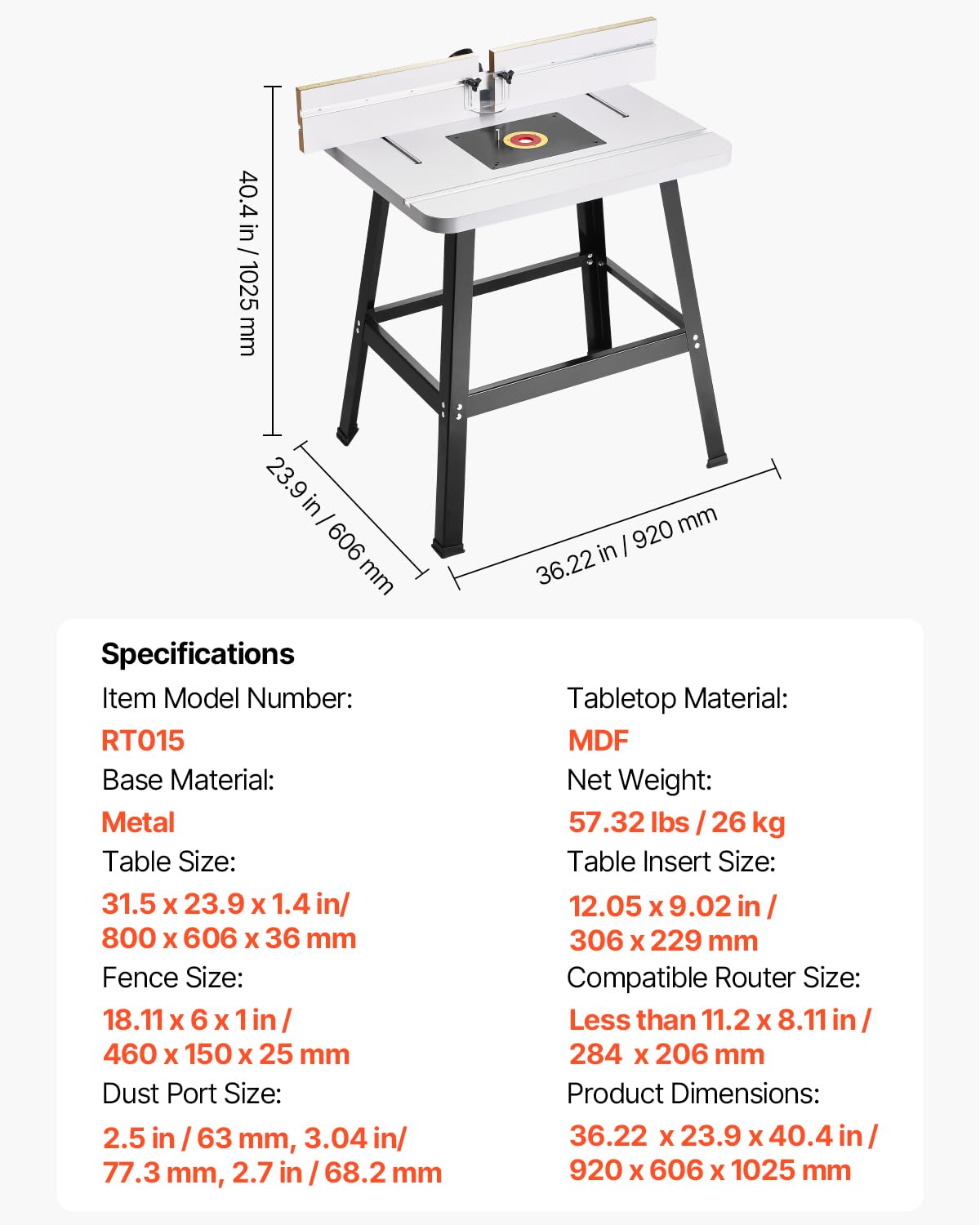 VEVOR kit di tavolo di fresatura di precisione, 800 x 606 x 36 mm, Accessori per Tavolo di Fresatura con Guida Regolabile, Piano in MDF, Base in Metallo Robusto, Porta di Raccolta della Polvere