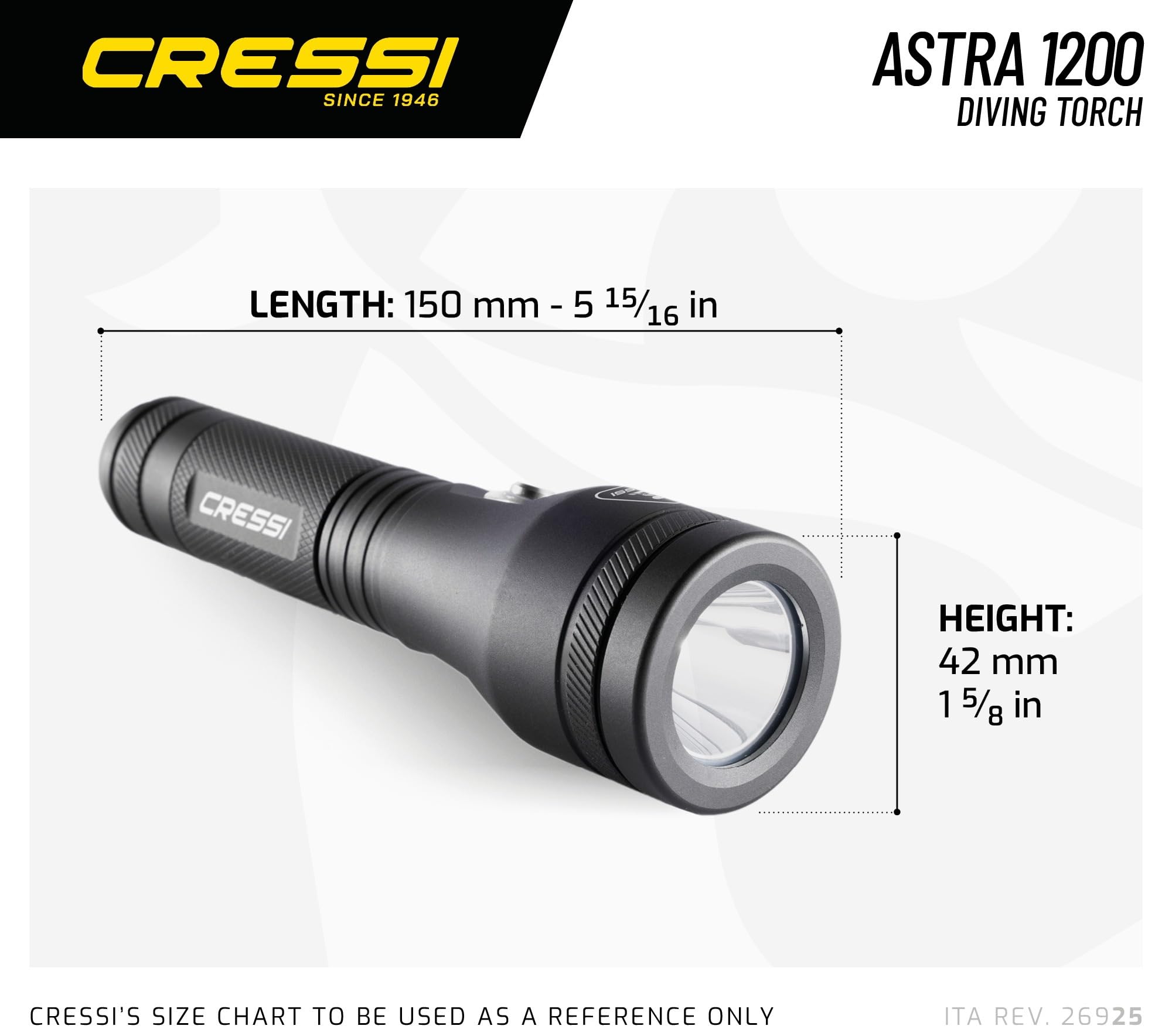 CRESSI Astra 1200 latarka podwodna LED o wysokiej jasności, 1200 lumenów, wodoodporna, IPX8, 100 m, unisex, czarna i kompaktowa, do nurkowania, wędkowania, eksploracji wodnych