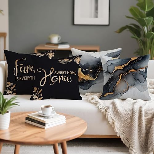 Miniatura 6 de OBSEDE Juego de 4 fundas de almohada con diseño de mármol negro y dorado de 18 x 18 pulgadas, fundas de cojín para sofá, cama, sala de estar,