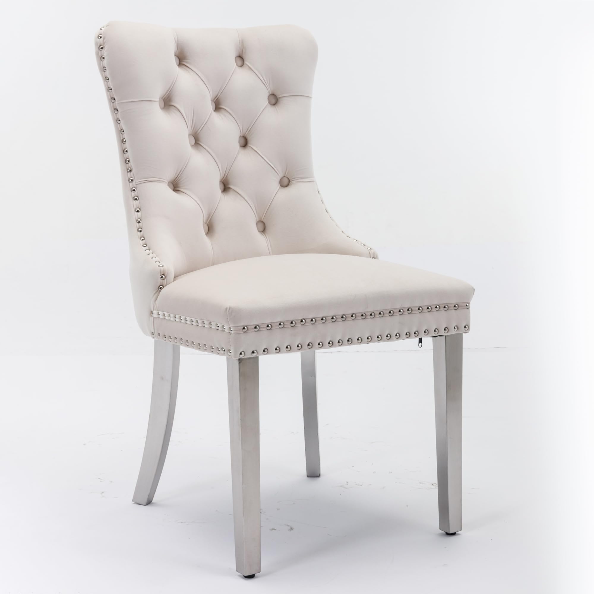 Set di 2 sedie per sala da pranzo, in velluto beige con piedini cromati, sedie imbottite con schienale alto