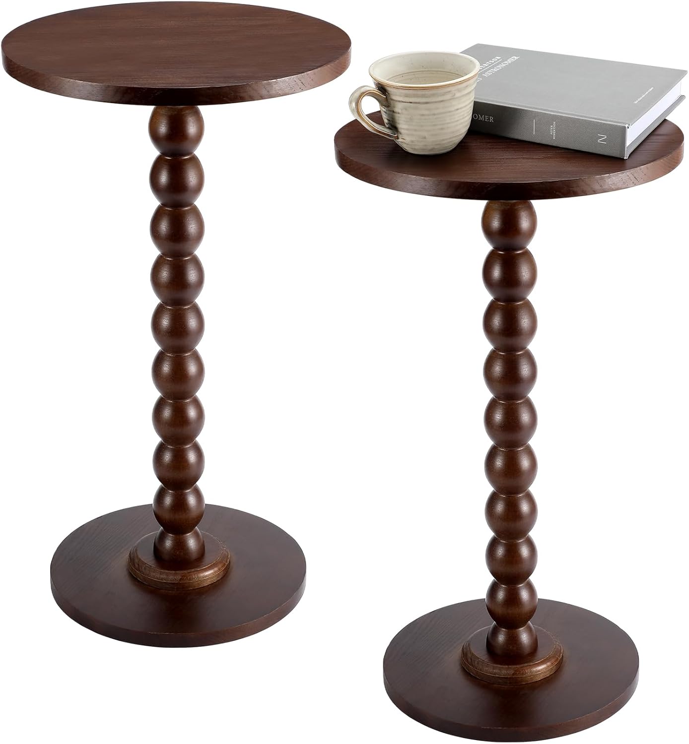 2 Set Round Pedestal Side Table Brown Wooden Small Drink Coffee Table Traditional Tray Top End Modern Accent Nightstand with Solid for Small Space Home Office Bedroom Living Room Corner