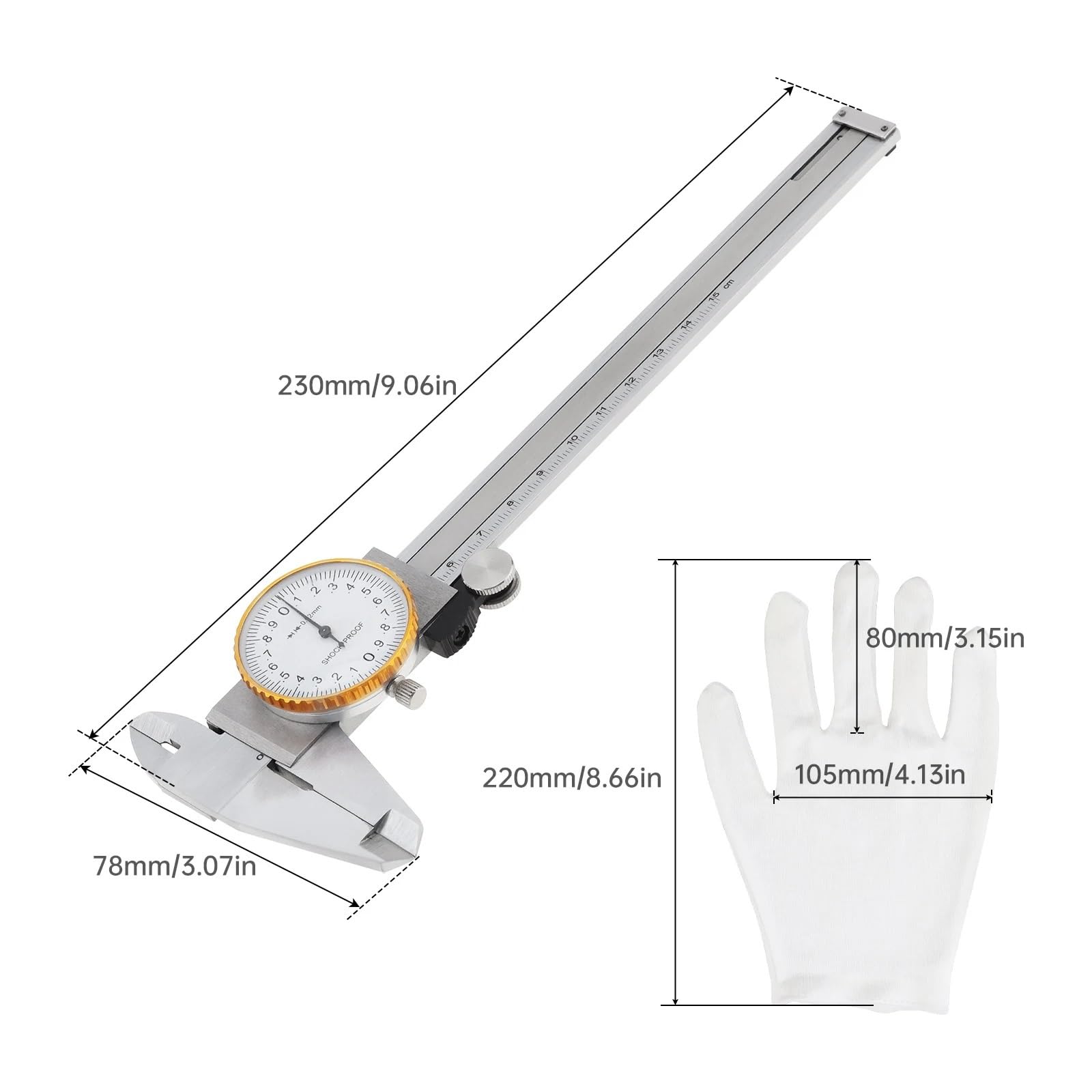 Calibradores Vernier de 0-150mm, Escala métrica Acero al Carbono, calibrador Dial a Prueba Golpes, Regla, Kit Herramientas medición Profundidad con Funda Guantes