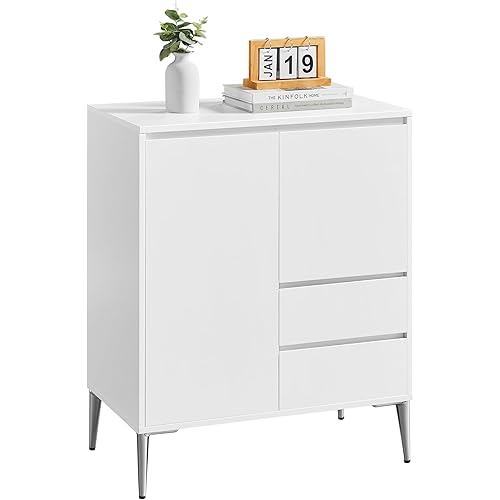 VASAGLE Sideboard, Buffet Cabinet with 2 Drawers, 2 Compartments with Doors and Height Adjustable Shelves, Modern, 15.7 x 27.6 x 33.5 Inches, for Living Room, Kitchen, Study, Cloud White UBBK243W01