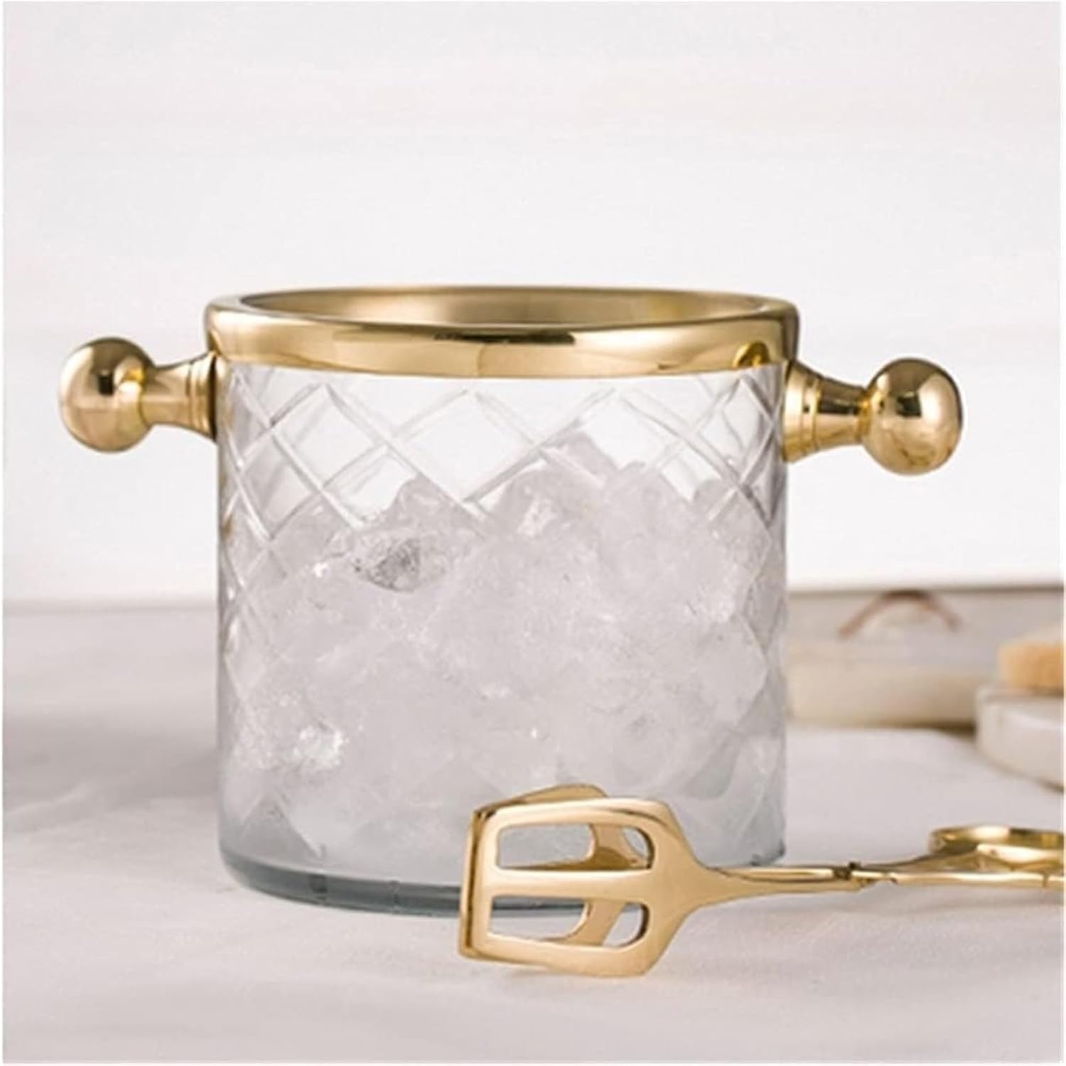 Ice Buckets for Parties, High Face Value Handmade Brass Glass Ice Bucket with Clip