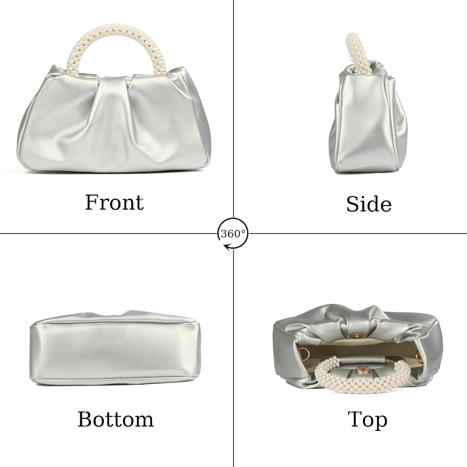 Women's Evening Pearl Clutch Purse Soft Leather Ruched Bag for Wedding Bridal Party Prom Formal Events