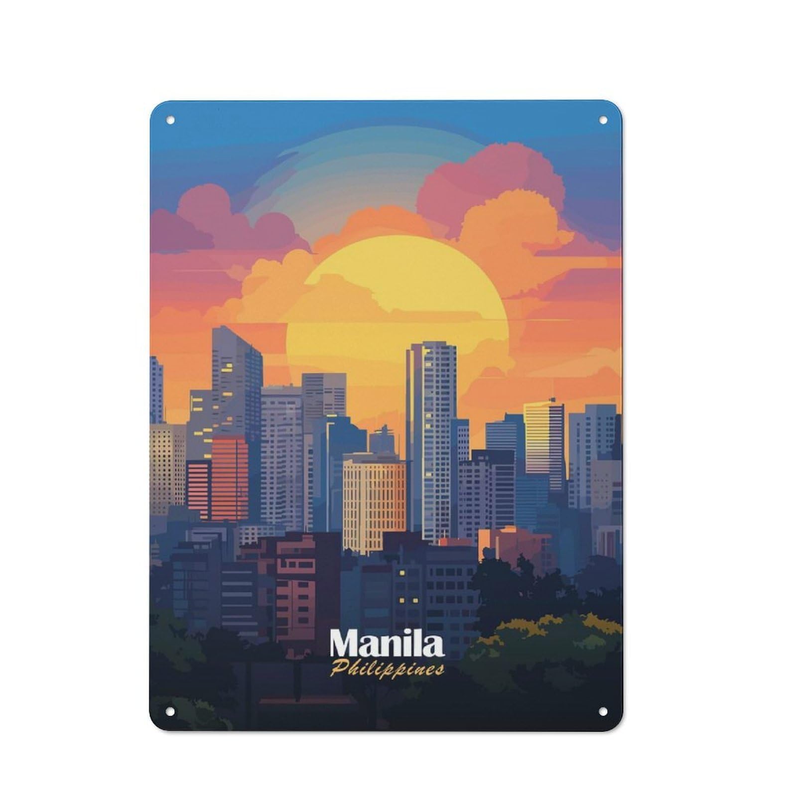 Manila Skyline Sunset Workshop Style Metal Wall Decor 40x30cm, Decorative Metal Plaque for Garage, Workshop, Shed Or Utility Room