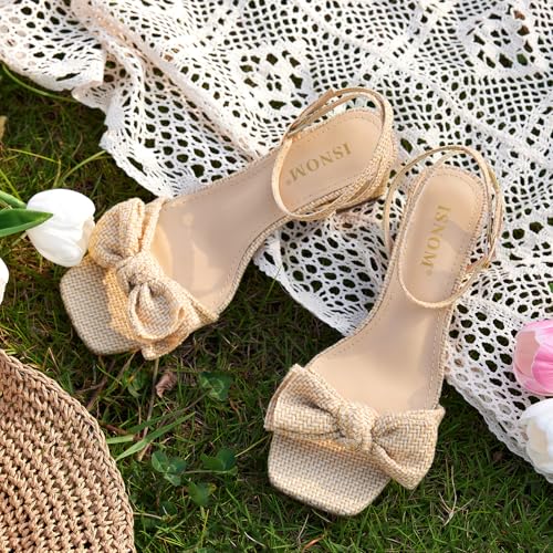 Image of ISNOM Women's Bow Knot Ankle Strap Open Toe Block Heel Sandals Wedding Party