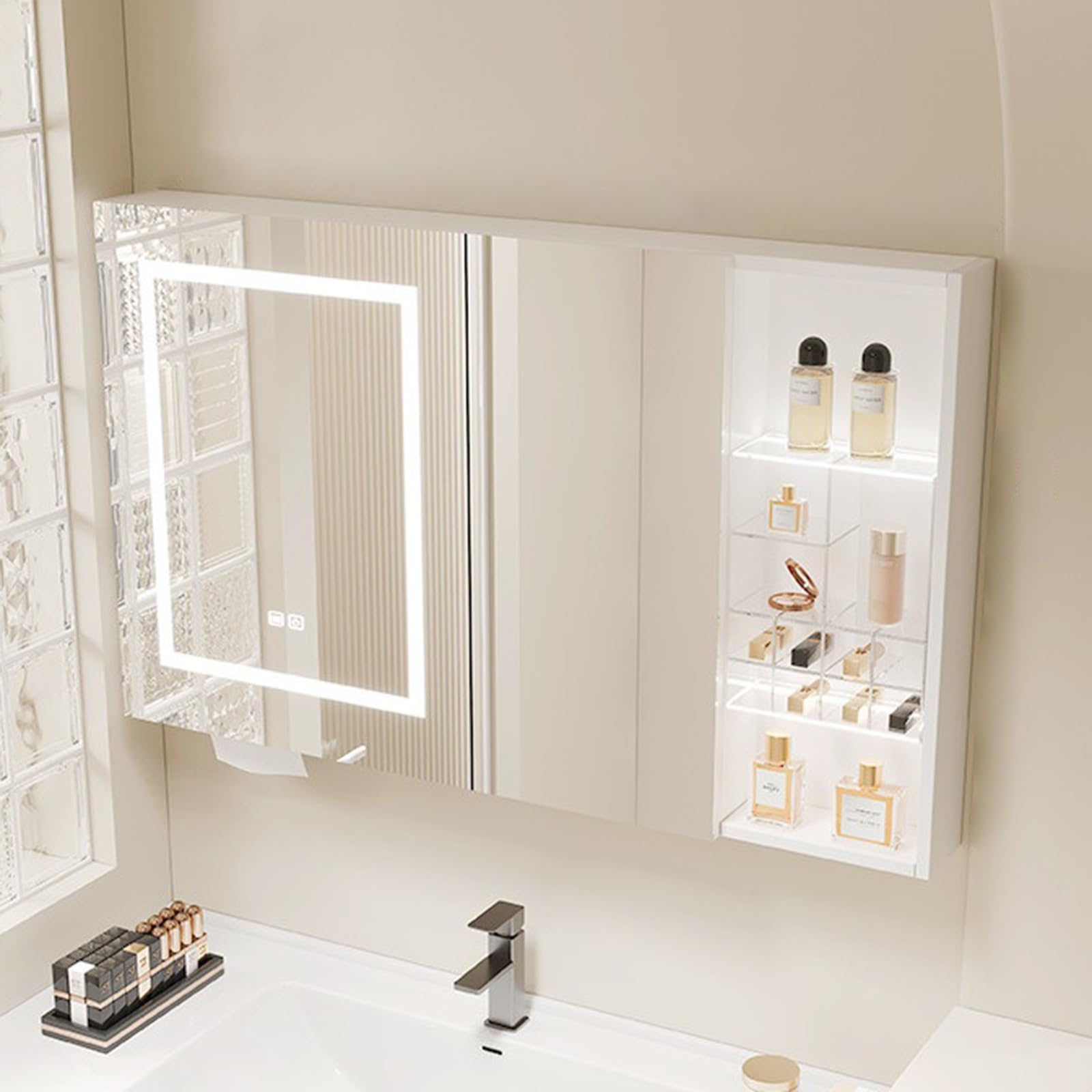 Armario Baño Pared Espejo Baño con Luz y Estantes Gabinete de Espejo de Baño de Iluminación LED Temperatura de 3 Colores Regulable Interruptor Táctil Color de Luces y Estante Ajustable(100x13x70cm)