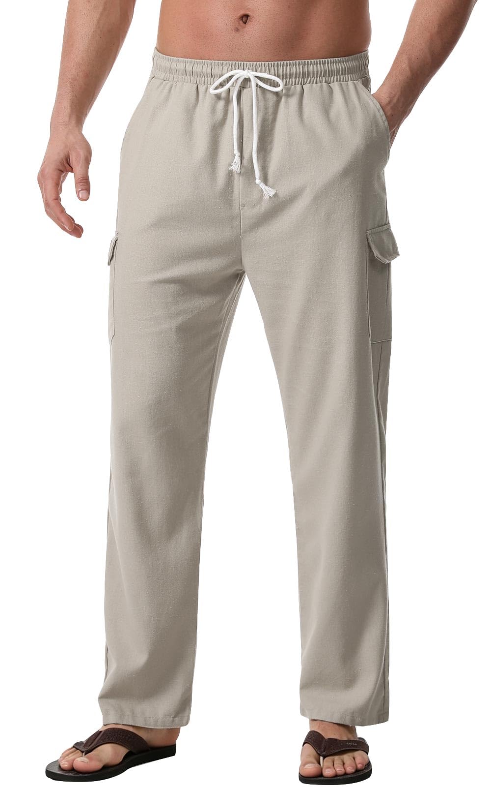 Zetieny Leinenhose Herren Lang Leichte Sommerhose Herren Loose Fit Freizeithose mit Taschen Kordelzug für Urlaub Strand Yoga Alltag