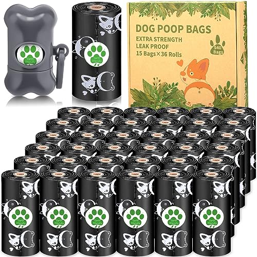 POWZOO Sacchetti cane cacca,36 rotoli / 540 pezzi Sacchetti igienici per cane,con dispenser e clip per guinzaglio,per bisogni dei Cani, Raccogli Feci, Pet Bag, Profumati, Nero