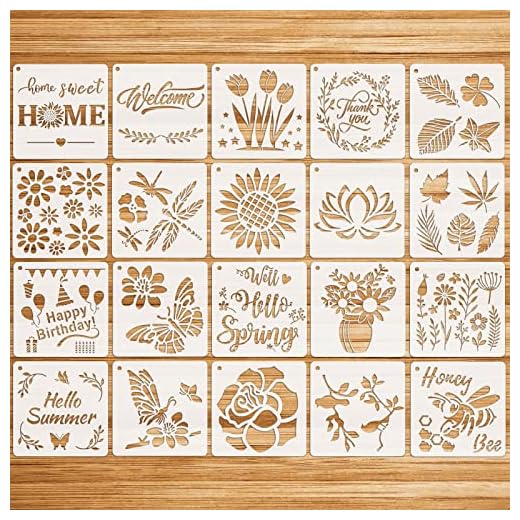 MWOOT 20 Hojas Mariposa Flor Plantillas de Dibujo,Hojas plantillas para Pintar, Plantillas Reutilizables Scrabooking Pintura sobre Madera para Arte Bricolaje Pared (15x15CM)