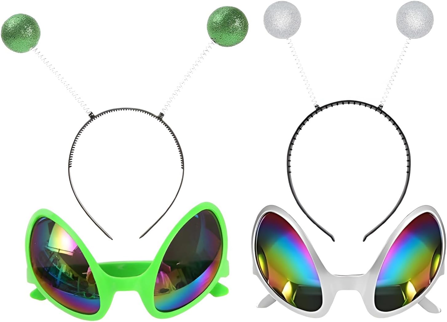 JOYFISCO 2 Pairs Alien Headband and Glasses,Alien Antenna Headband,Boppers Antenna Rainbow Lens Sunglasses for Halloween Costume Cosplay Party Supplies