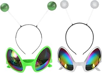 JOYFISCO 2 Pairs Alien Headband and Glasses,Alien Antenna Headband,Boppers Antenna Rainbow Lens Sunglasses for Halloween Costume Cosplay Party Supplies