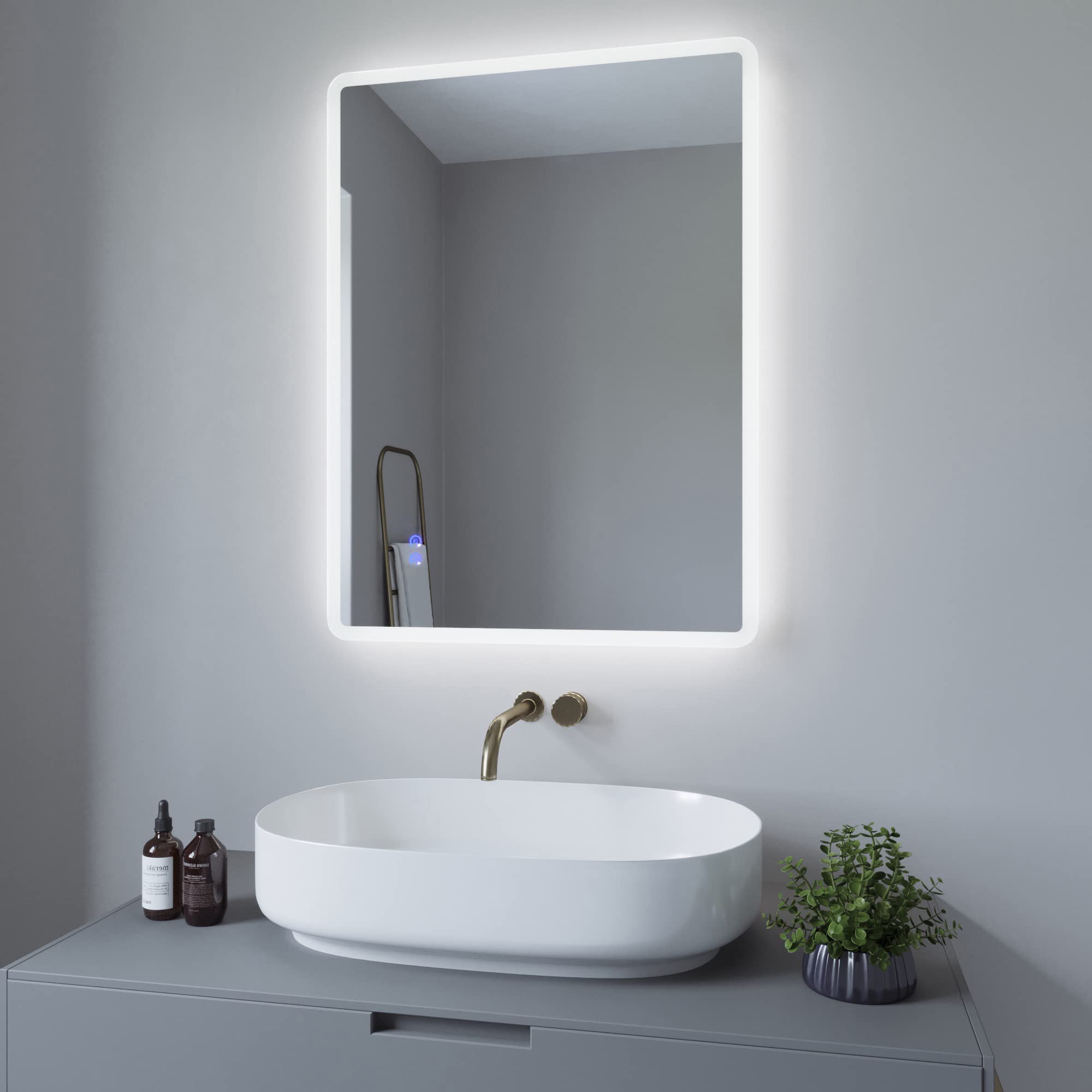 AQUABATOS Espejo de baño con iluminación, 80 x 60 cm, Espejo de Pared LED, Interruptor táctil, Regulable, Blanco frío 6400 K, calefacción de Espejo, antivaho, IP44, CE