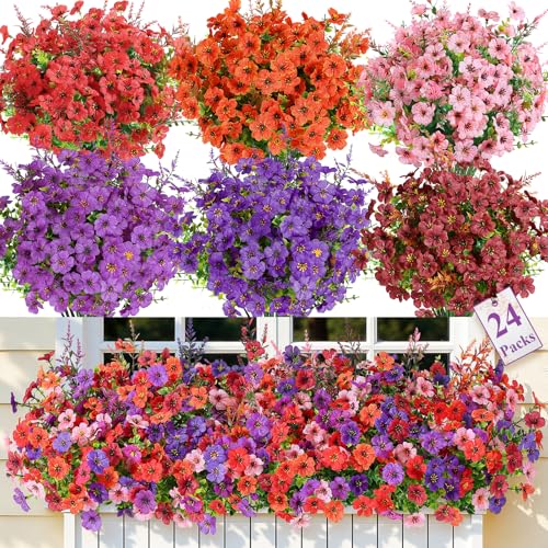 SHareconn 24 Bundles Artificial Flowers for Outdoors Decoration, Faux Plants Fake Silk Colorful Daisy Eucalyptus Lavender, UV Resistant for Outside Home Porch Indoor Spring Decor, 6 Colors incl. Brown