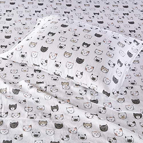 Image of Intelligent Design Cozy Soft 100% Cotton Flannel Print Animals Stars Cute Warm, Ultra Soft Cold Weather Sheet Set Bedding, Queen, Grey /Pink Cats 4 Piece