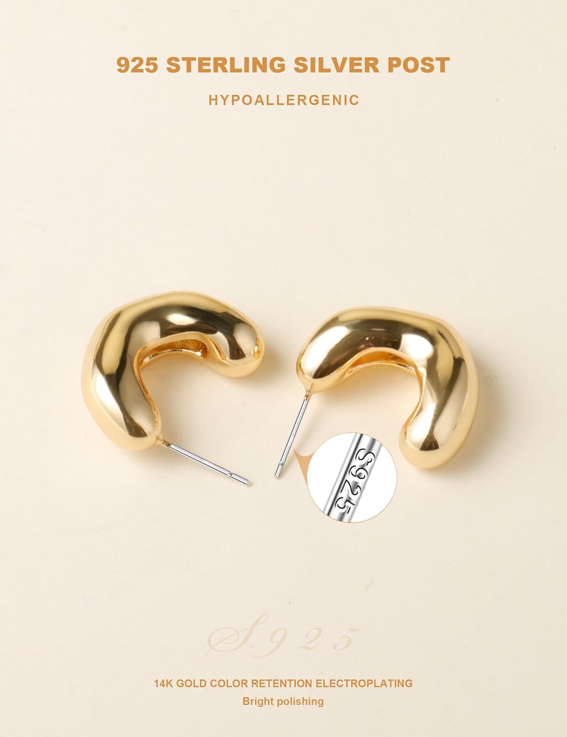 14K Gold Plated Chunky Open Hoop Earrings for Women 925 Sterling Silver Post Hypoallergenic Thick Hoop Earrings for Women - Image 5