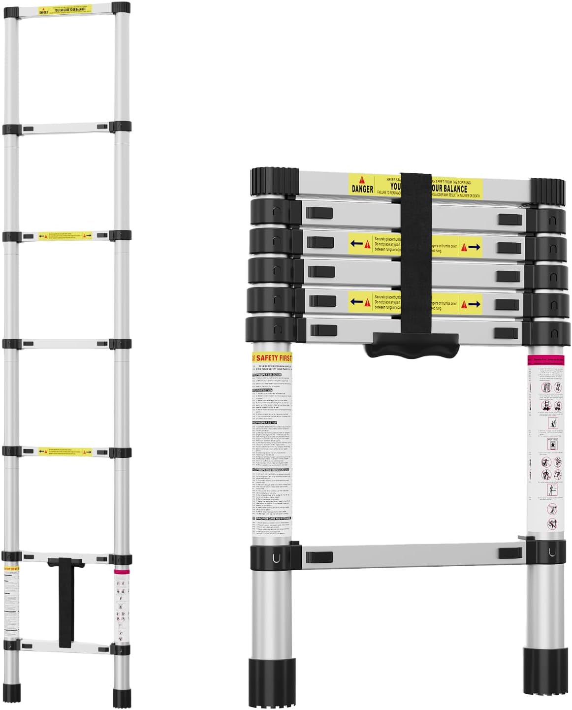 6.6 Ft Extension Ladders, 330 Lbs Capacity Lightweight Aluminum Telescoping Ladders with Locking Mechanism, Portable Multi-Purpose Collapsible Ladders for Home, RV, Attic, Office