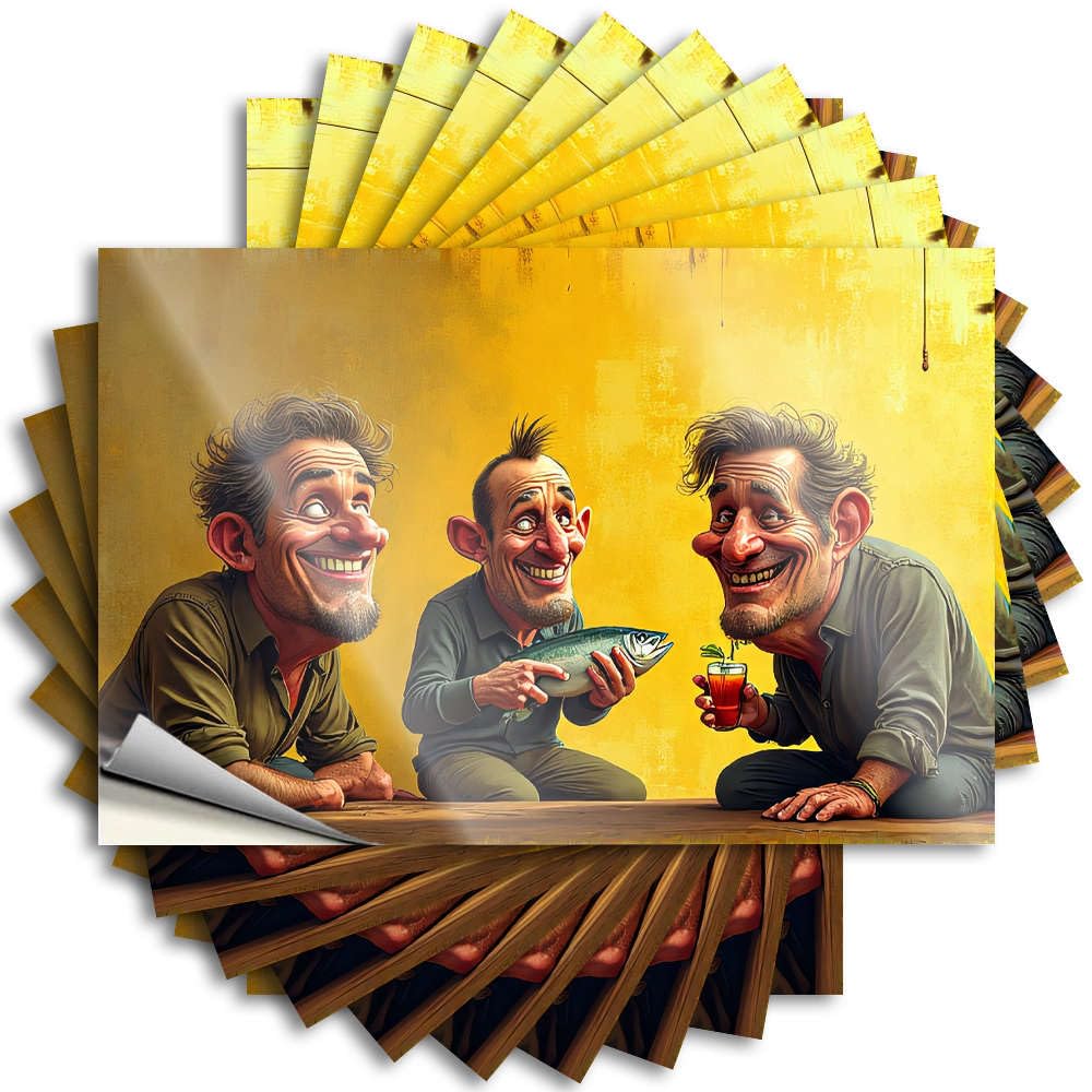 Back Yard Decorations Sticker Tumbler | Three Men Celebrate with Fish and Drinks. Cute Friends Sticker Pack(6X9CM)