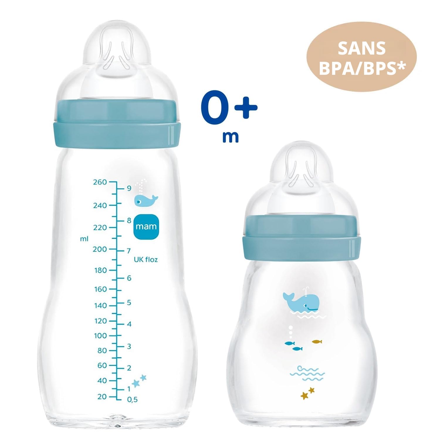 MAM Biberons en verre pour bébé, lot de 2, Feel Good dès la naissance, 170 ml et 260 ml, biberon en verre, bleu