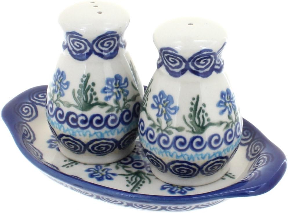 Blue Rose Polish Pottery - Blue Daisy Surprise Salt & Pepper Shakers with Tray - 3" Tall - Hand-Painted Ceramic Seasoning Set for Table & Kitchen