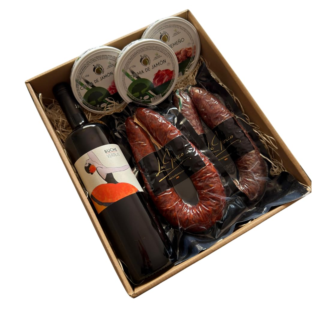 Cesta Gourmet Trajano - Vino Blanco Verdejo, Patés y Embutido | Vino blanco Verdejo, chorizo y salchichón ibérico y tres patés extremeños. Aperitivo con vino listo para regalar.