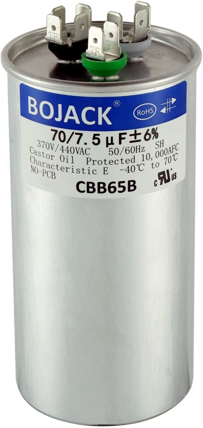 BOJACK 70+7.5 uF 70/7.5 MFD ±6% 370/440 V AC CBB65 Dual Run Circular Start Capacitor for AC Motor Run or Fan Start or Condenser Straight Cool or Heat Pump Air Conditioner