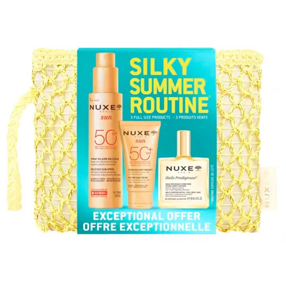 Nuxe Silky Summer Routine – Flussende Sonnencreme für das Gesicht SPF50 + 50 ml + leckeres Sonnenspray SPF50 + 150 ml + Huile Prodigieuse 50 ml