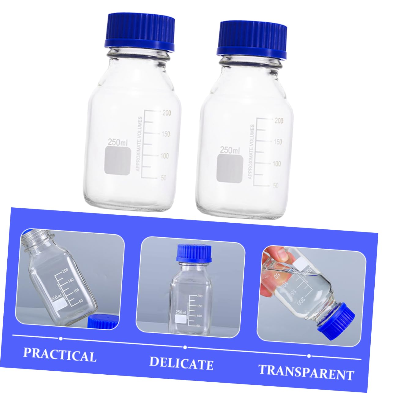 LIFKOME Boccette di Vetro da Laboratorio 250ml Linee Graduate e Tappo, Bottiglie per Campionamento e Miscelazione, 2 Pezzi