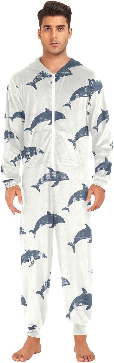 Blue Dolphin Ocean Nautical Coastal Adult Onesie Pajamas Novelty One Piece Costume Sleepwear Jumpsuits Matching PJS