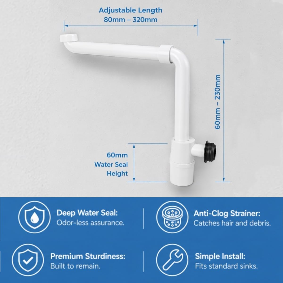 Sifón Ahorrador de Espacio para Lavabo y Cocina, Desagüe Flexible 1 1/4" Antiolores con Sello Hidráulico 60mm, Tubo Sifon Lavabo Baño Antiolor Autolimpiable, Kit de Fontanería con Filtro Pelo, Blanco