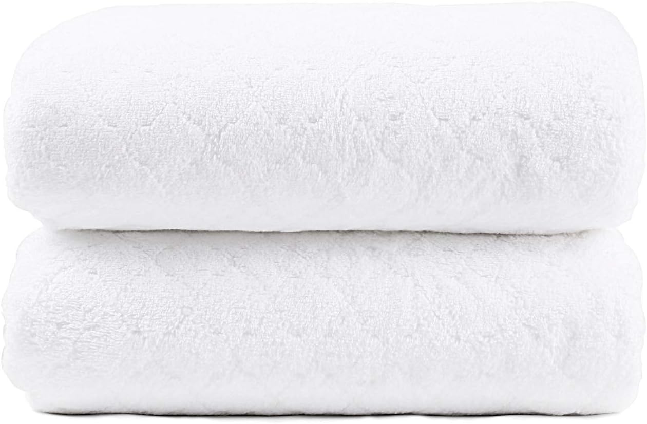 Monarca Plush Fleece Towel Set 2 Packs, Microfiber Bath Towel - 30"x60", Absorbent & Fast Drying (White-Grid Pattern)