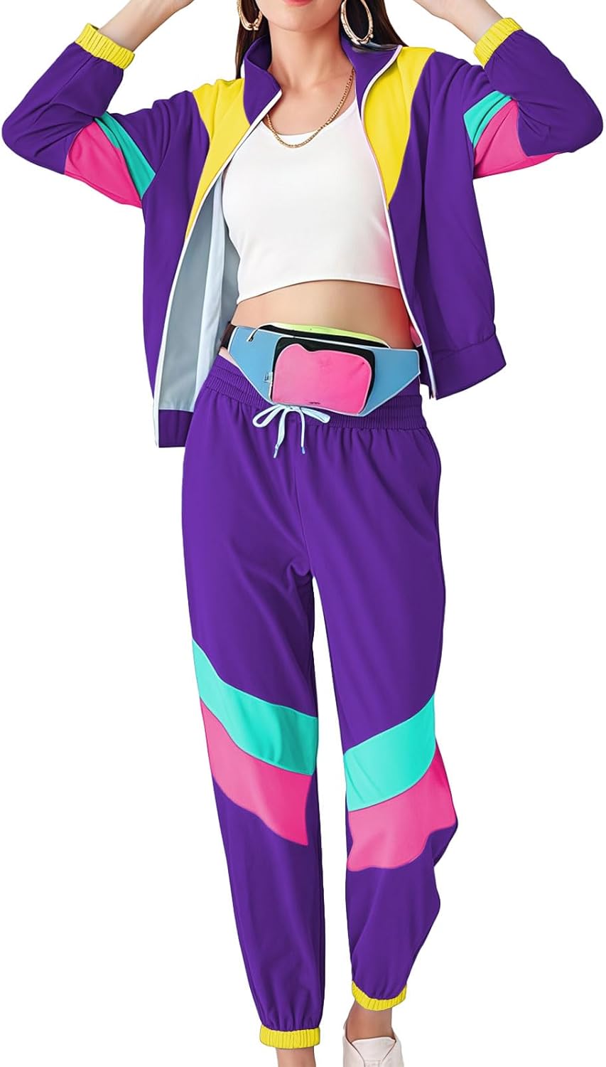 Aluvee 80s Track Suit Women Set 90s Windbreaker Outfit Retro Color Block Sportswear Set With Jacket Sweatpants - Image 5
