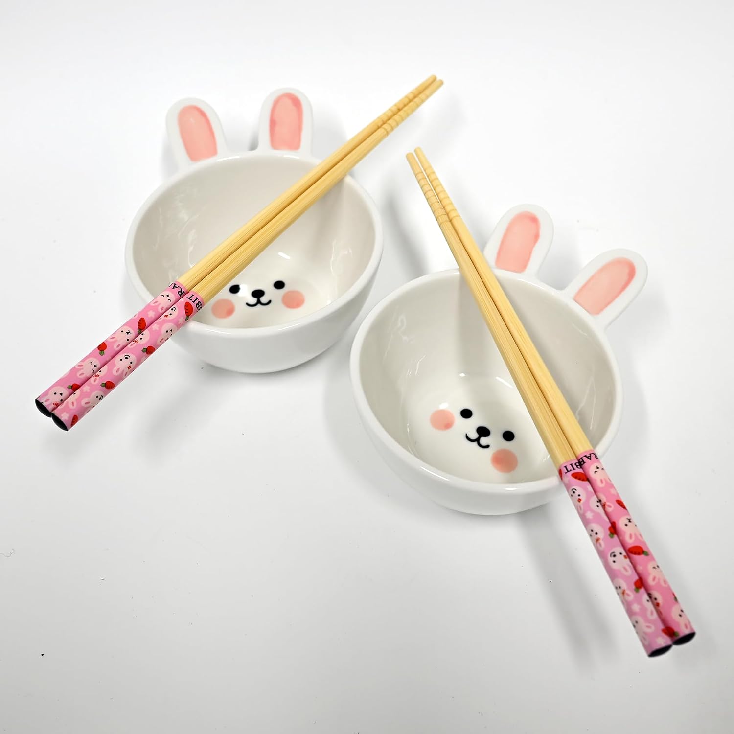 Urban Tokyo Cute Bunny Rabbit Chopsticks and Bowl Set, 2 Pairs Bamboo Chopsticks with 2 Small Dipping Dishes, 4 Piece Gift Set