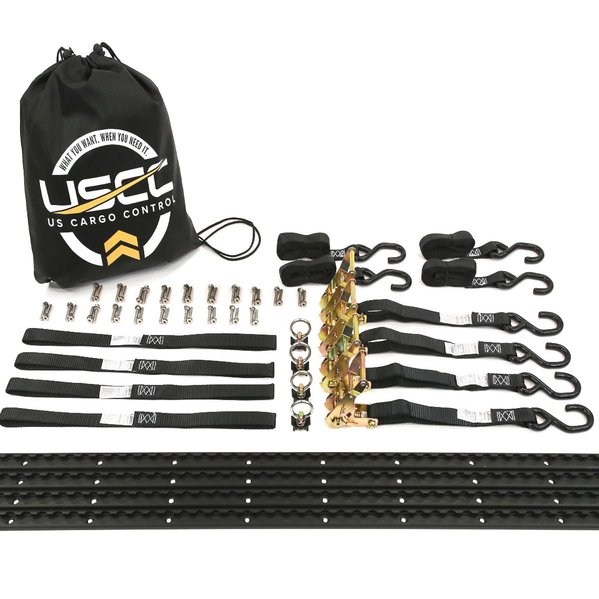 US Cargo Control 8 Foot Motorcycle Tie Down System with Black L-Track, Complete Truck & Trailer Tie Down System for Motorcycles & ATVs, Includes L-Track Components and 6 Motorcycle Tie Down Straps