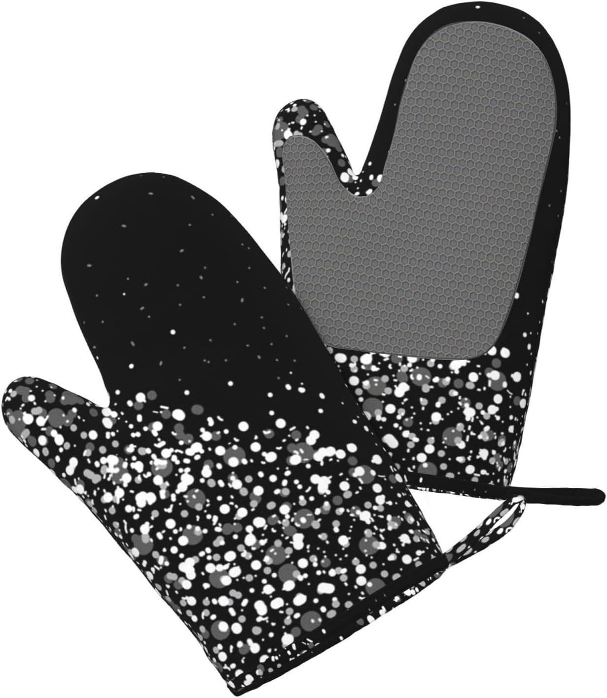 Black White Glitter Oven Mitts and Pot Holders Set of 4 Heat Resistant Kitchen Gloves with Silicone Palm Hot Pads for Baking Cooking Grilling BBQ