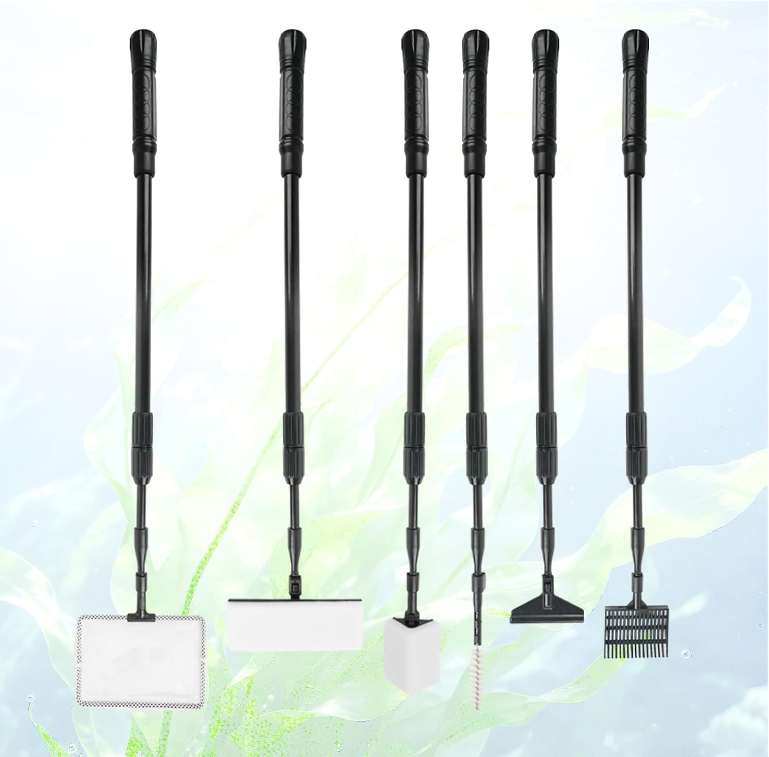 RUKANG Fish Tank Cleaner, 6 in 1 Aquarium Cleaning Tools Kit with 23~34 Inches Adjustable Long Handle Replaceable Blade Silicone Strip Algae Scraper Scrubber Brushes Set