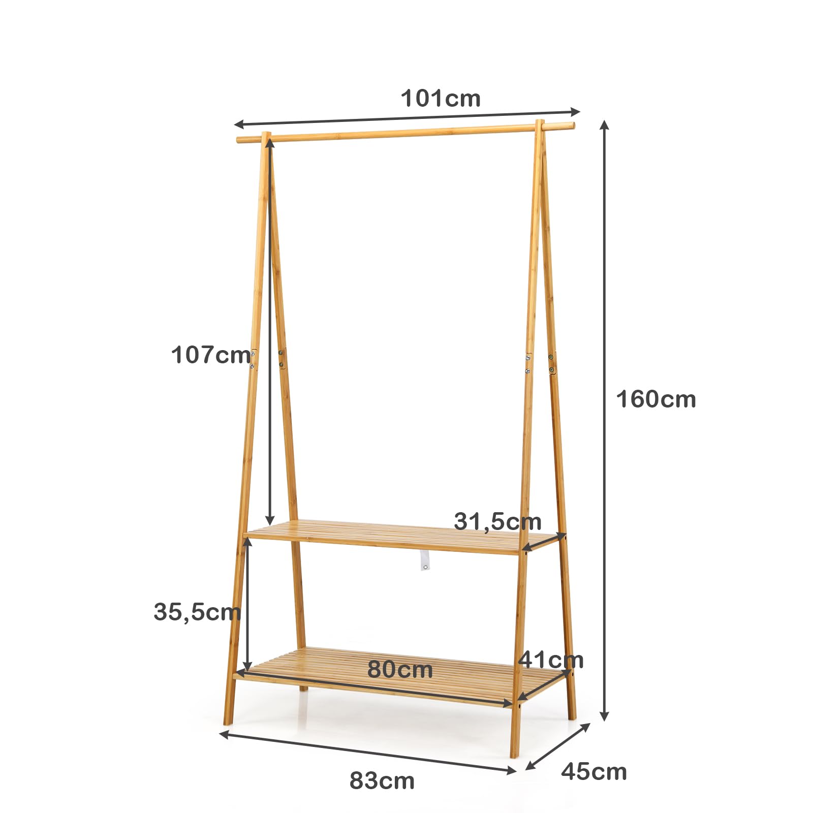 GOPLUS Perchero de Bambú con Estantería de 2 Niveles | Burro de Pie para Colgar Ropa, para Entrada, Dormitorio, Pasillo, 101 x 45 x 160 cm, Natural