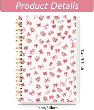 INFUNLY 1Pc Pink Bow Spiral Notebook 160 Pages 5.5x8.3 Inch Thick No Bleed Paper Floral Spiral Journal Crush Resistant Coil Aesthetic Notebooks Stationery For Note Taking Office School Women Gift