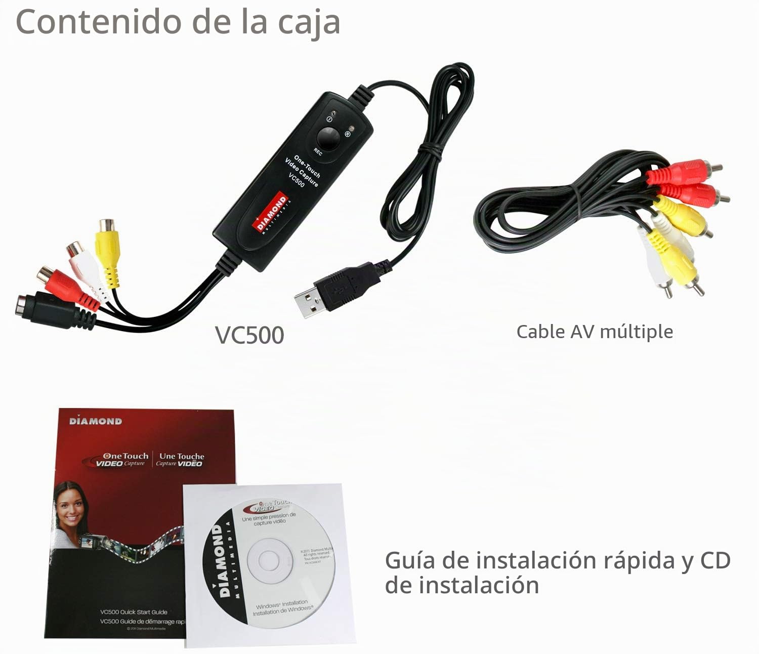 Diamond Multimedia VC500 One Touch dispositivo para capturar video USB 2.0 - Capturadora de vídeo (NTSC,PAL, 25 pps, 30 pps, 720 x 576 Pixeles, 720 x 480 Pixeles, MPEG1,MPEG2,MPEG4)