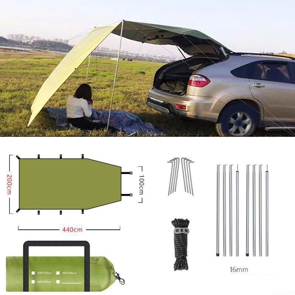 Auto-Markise Camping-Plane mit Stangen, 210D Oxford Gewebe, UV-Schutz & Wasserdicht, für SUV MPV Wohnmobil, Schnell Aufbau als Seitenschutz oder freistehend, Grün Gelb Blau Grau(300x200cm blue)